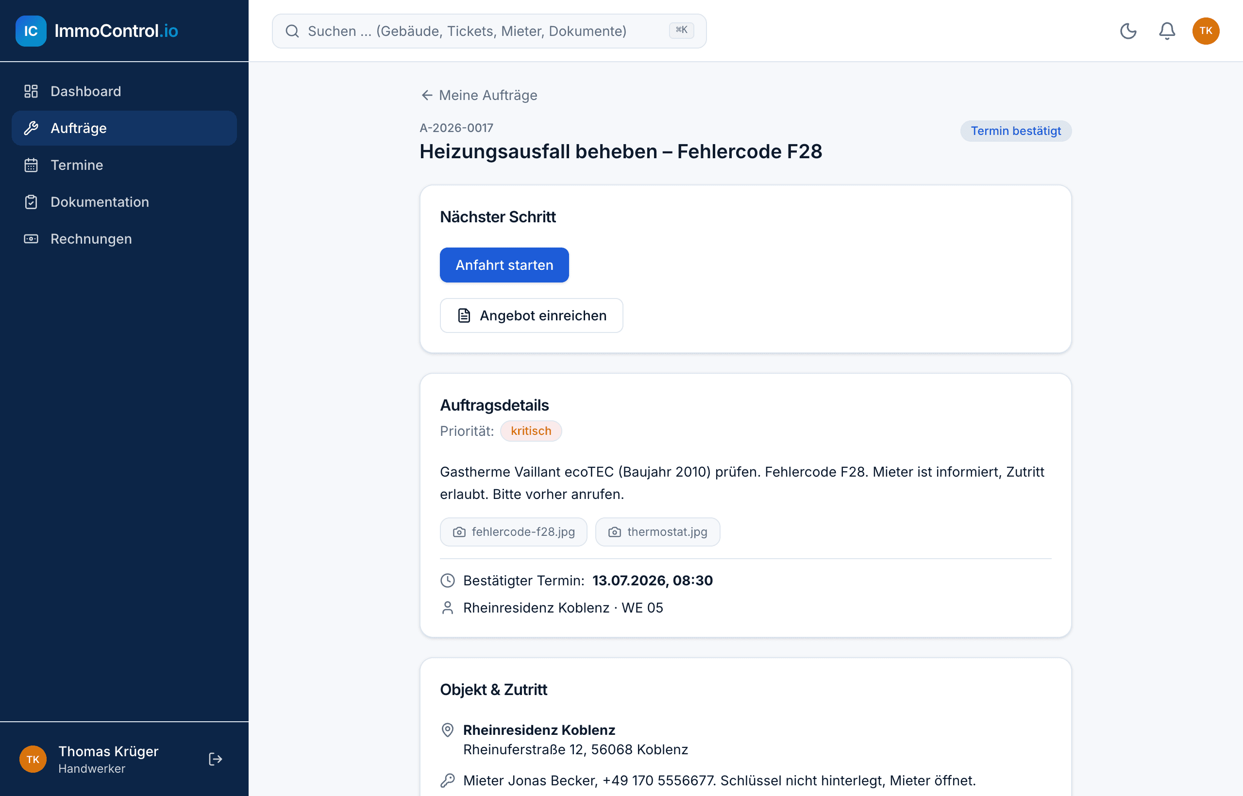 ImmoControl.io contractor job view with details, address and map