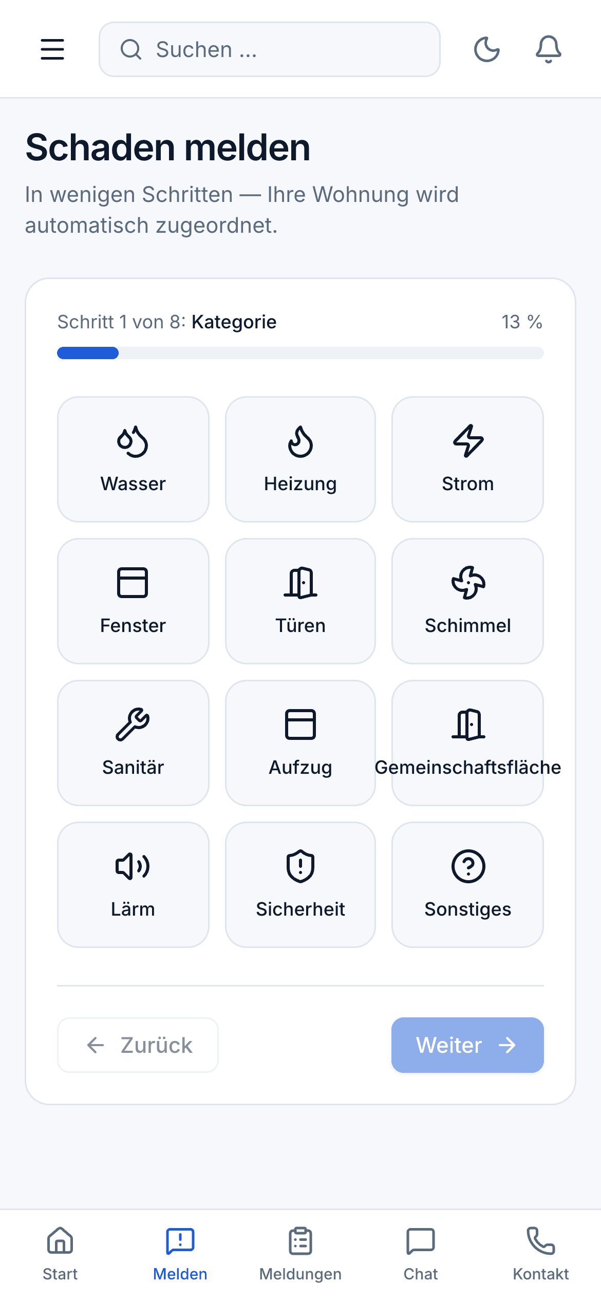 Schaden per Handy melden — geführter Prozess mit Kategorie-Auswahl